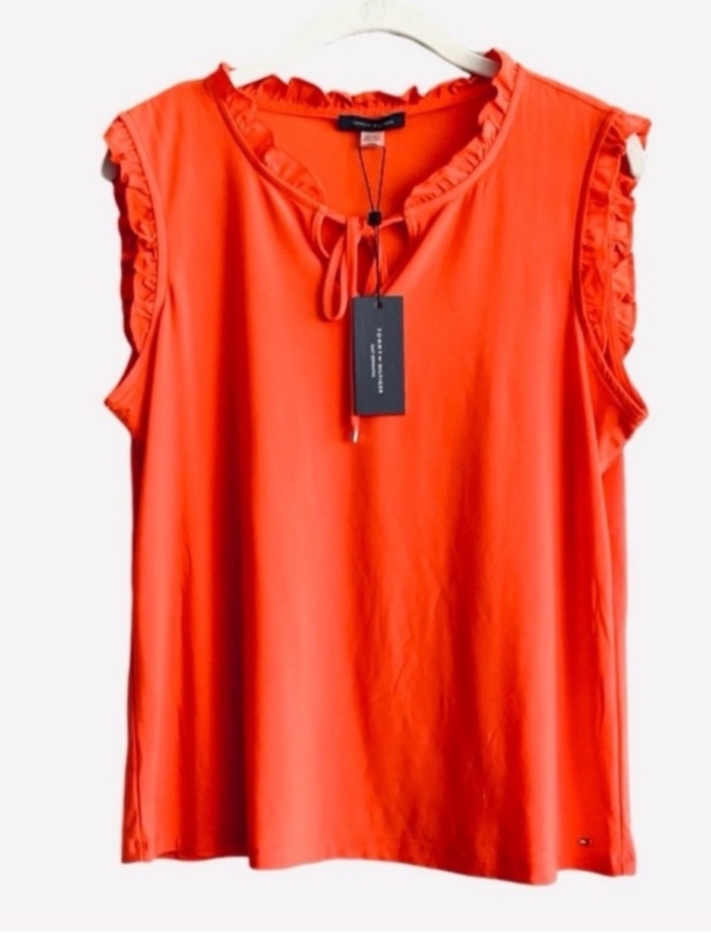 NEW Tommy Hilfiger Sleeveless Blouse Mini Ruffled Split Neck Orange Size L